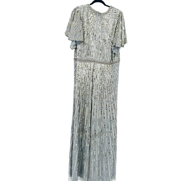 Mac Duggal Embellished V Neck Butterfly Sleeve Column Gown Platinum Size 18 NWT - Picture 8 of 12